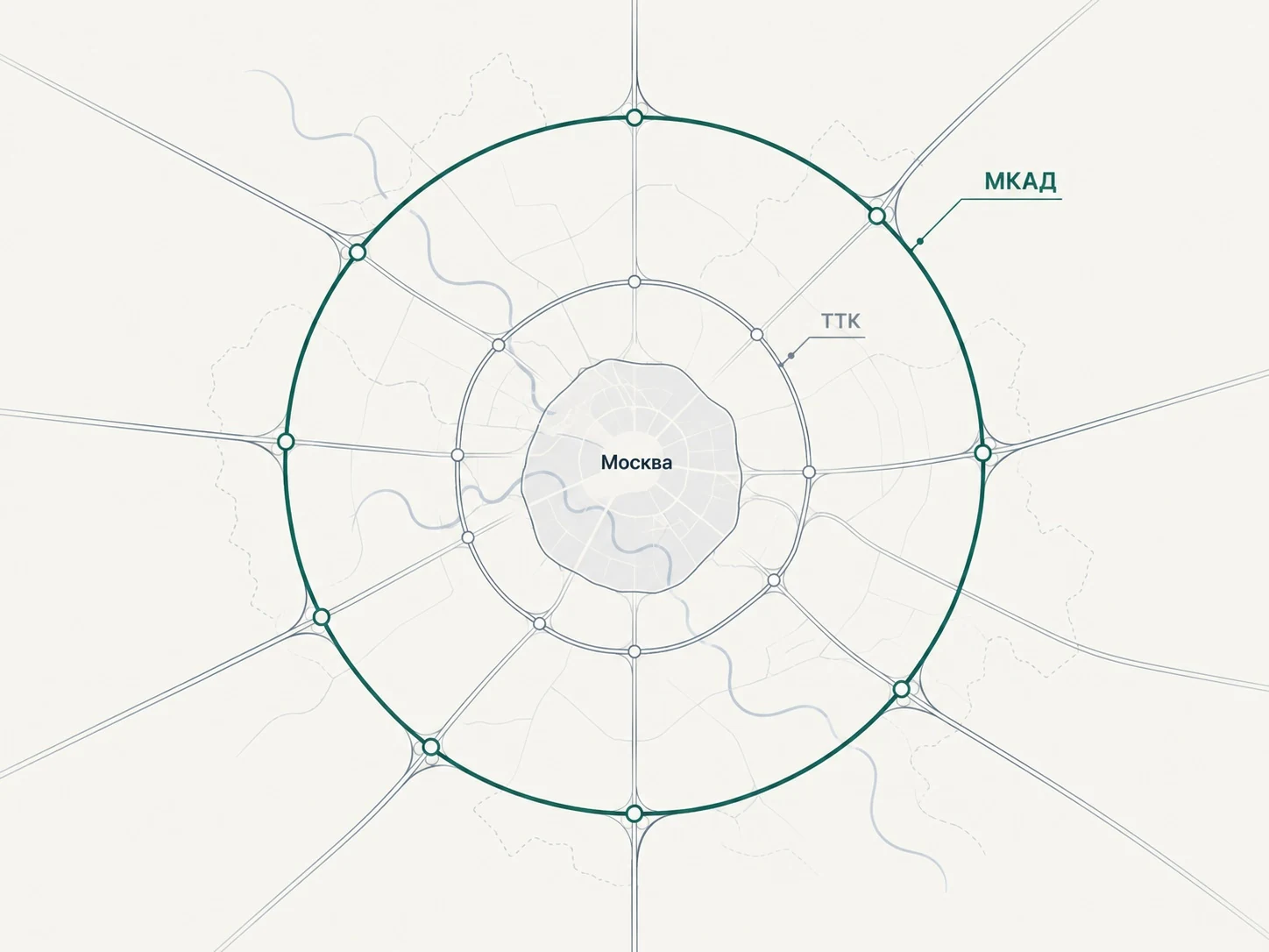 Схематичная карта зоны действия пропуска МКАД с обозначением Москвы, ТТК и МКАД